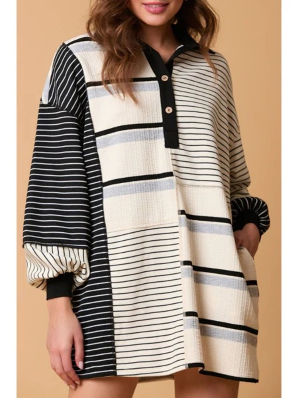 Knit Henley Stripe Colorblock Collar Long Sleeve Mini Tunic Dress with Pockets